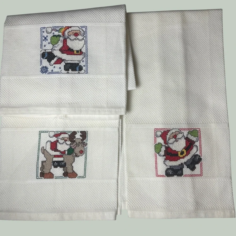 Vintage Handmade Christmas Cross Stitch Santa Reindeer Waffle Hand Towels Set 3
